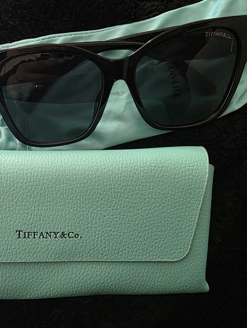 Tiffany & Co. Black Cat-Eye Sunglasses with Tiffany Blue Case and Pouch